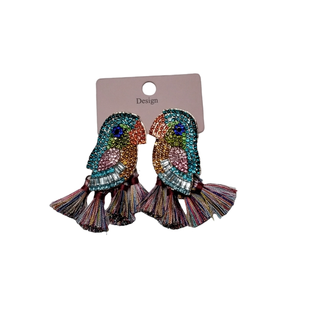 Dvacaman Rhinestone And Tassel Tropical Bird Earrings